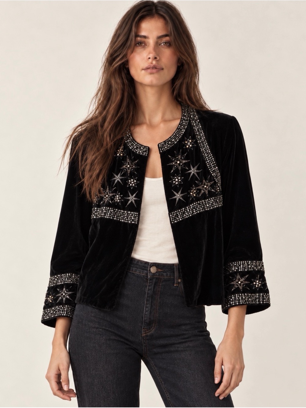 Zara Black Velvet Embellished Star Kimono Top Jacket Sequin Beaded S